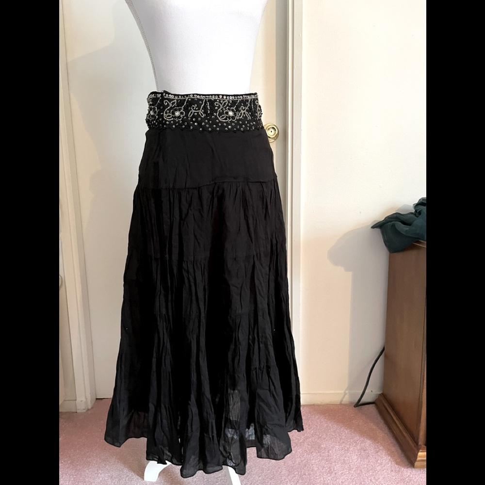 Black long cotton skirt beaded waist